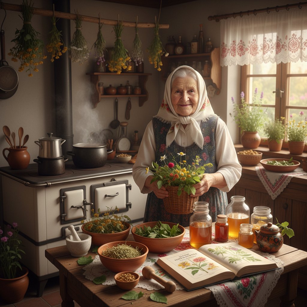 Starsza kobieta w polskiej kuchni przygotowująca domowy napar z ziół, tradycyjne leczenie objawów anginy