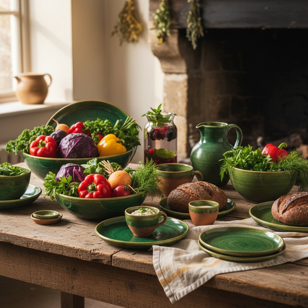 Fotografia z góry barwnych, zielonych dań kuchni polskiej na rustykalnym stole, naturalne światło