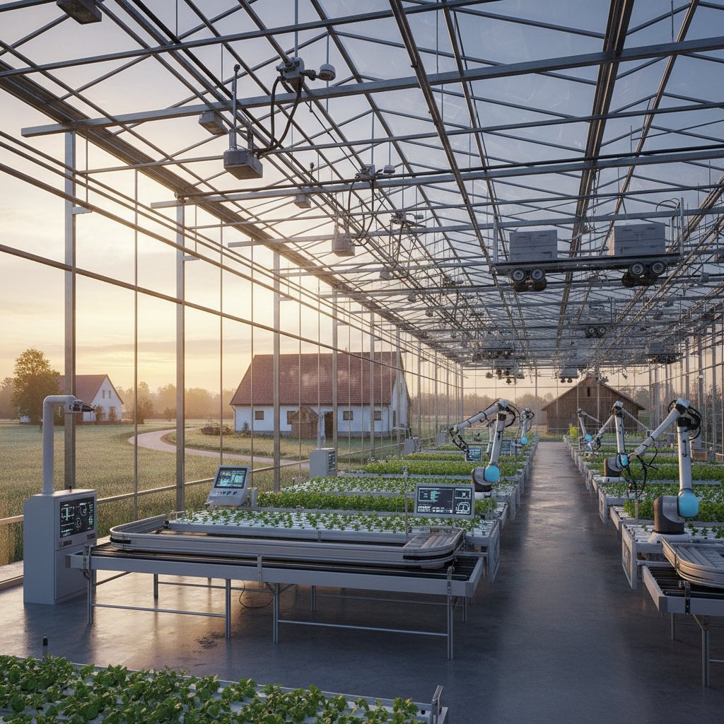 Szklarnia o poranku z widocznymi czujnikami automatycznego systemu ochrony roślin