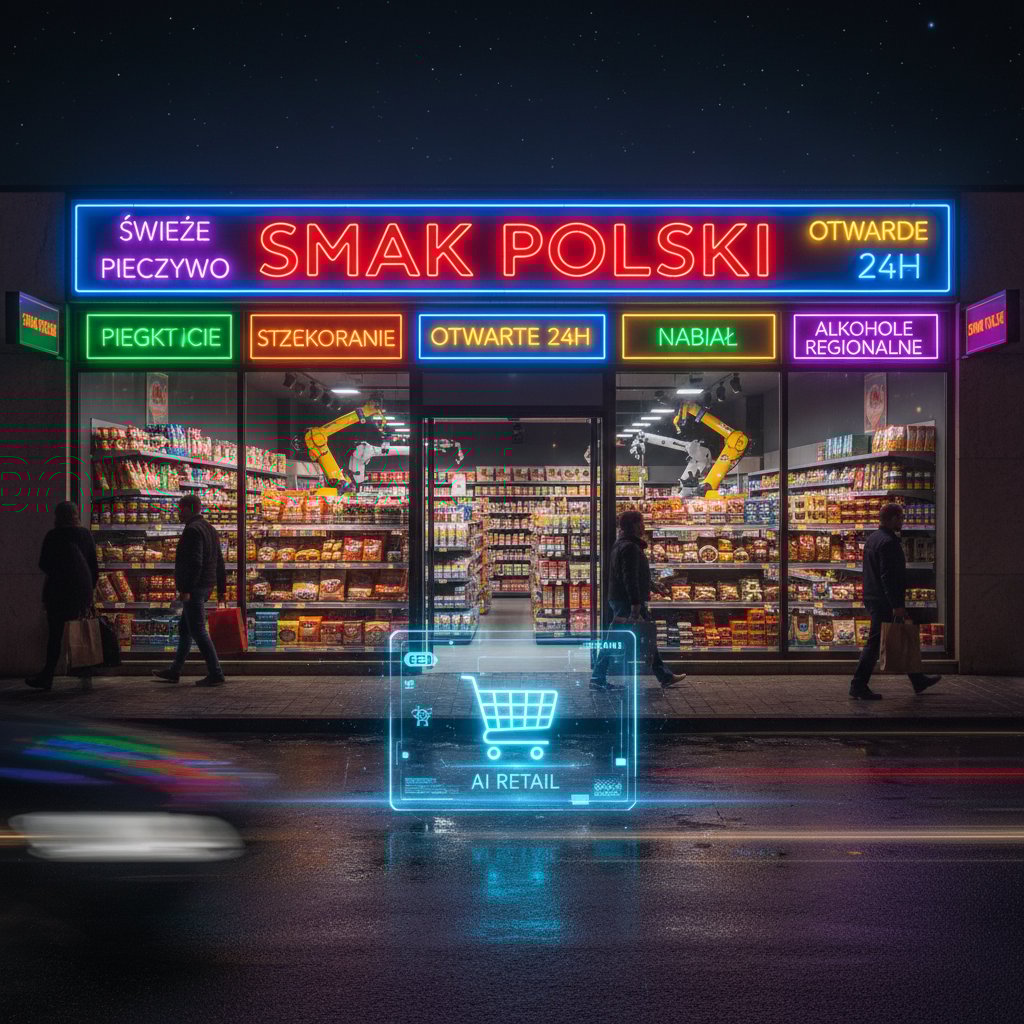 Wnętrze nowoczesnego polskiego sklepu spożywczego z elementami technologii AI