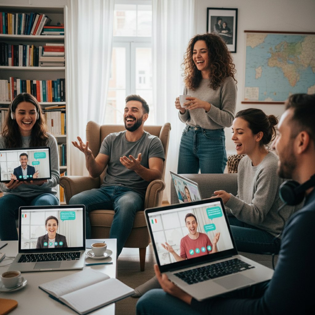 Grupa młodych Polaków podczas konwersacji włoskiej online, z uśmiechami, korzystających z laptopów