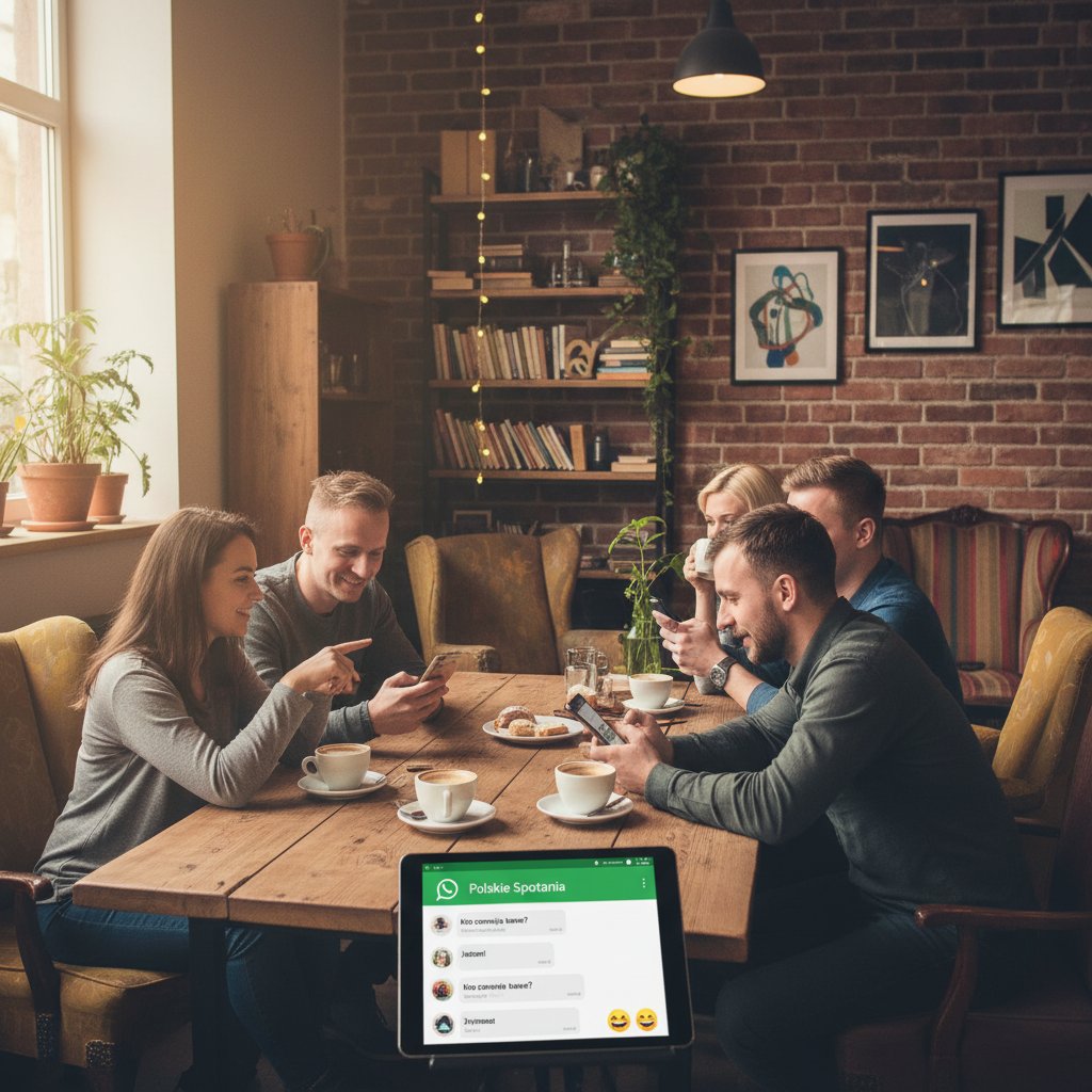 Spotkanie polskiej grupy z WhatsApp w kawiarni, luźna atmosfera