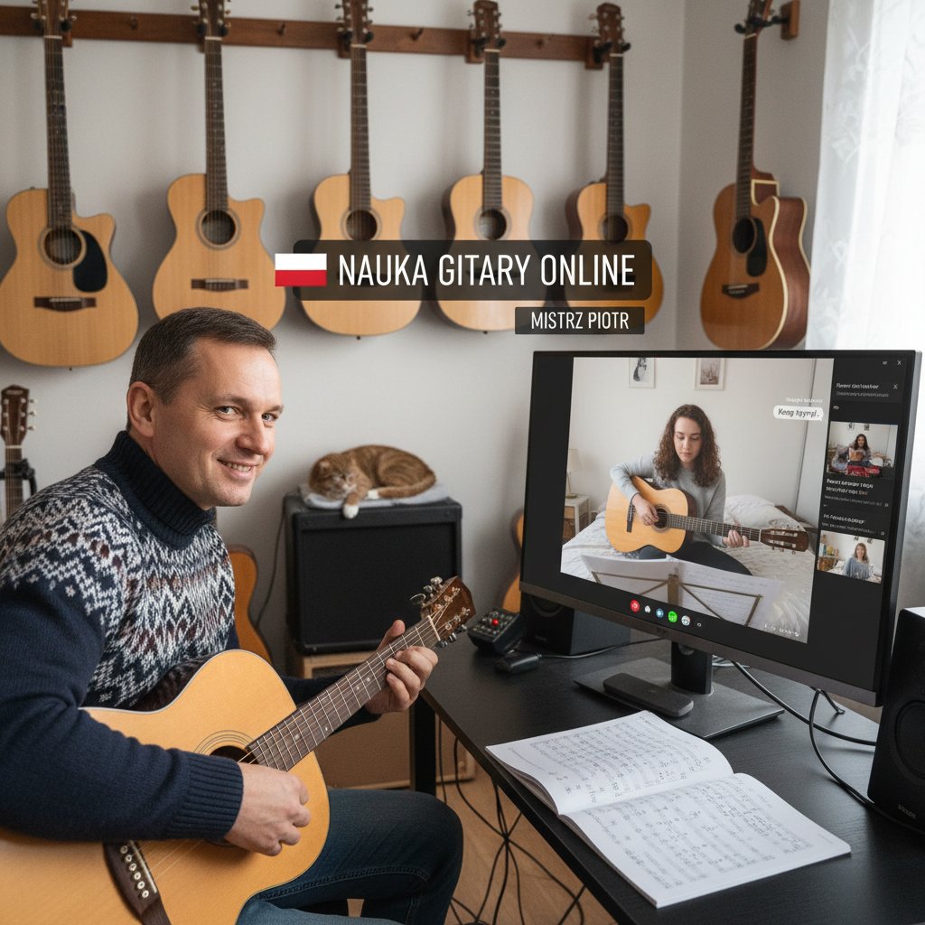 Polski nauczyciel podczas zajęć gitarowych online z uczniem