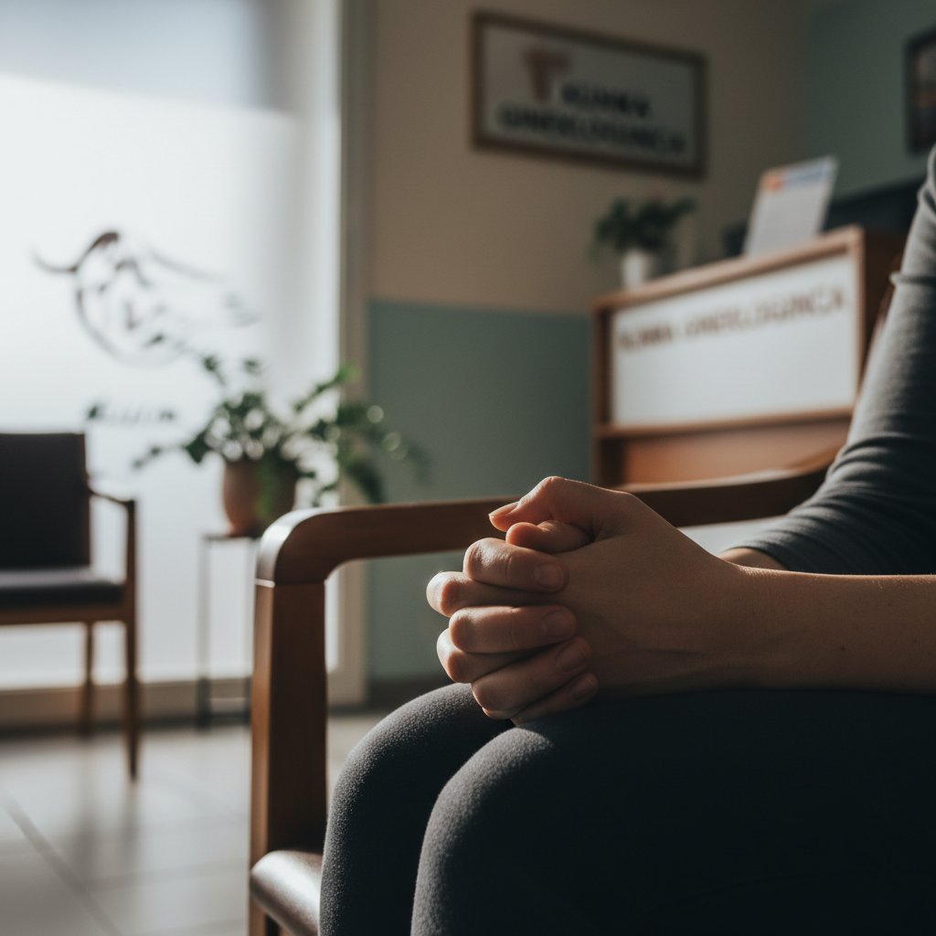 Wymaz z szyjki macicy – kobieta w klinice, widoczne dłonie na fotelu ginekologicznym, napięcie emocjonalne