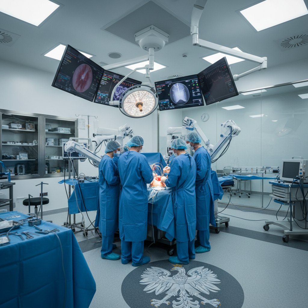 Nowoczesna sala operacyjna w polskim szpitalu, zespół kardiochirurgów podczas pracy