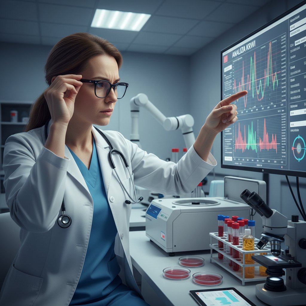 Hematolog analizujący wyniki badań krwi w nowoczesnej polskiej klinice, z ekranem pokazującym komórki krwi i narzędziami laboratoryjnymi