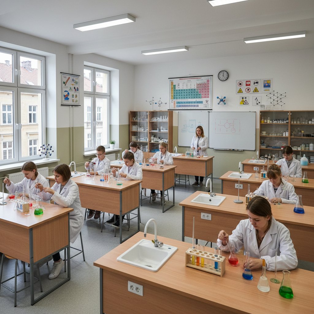 Uczniowie pochylają się nad zeszytami z chemii w polskiej klasie, atmosfera skupienia i wysiłku