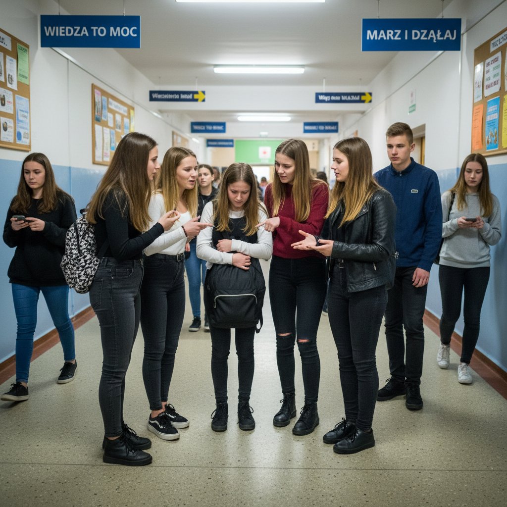 Grupa polskich licealistów rozmawiających na korytarzu, mieszanka wsparcia i rywalizacji