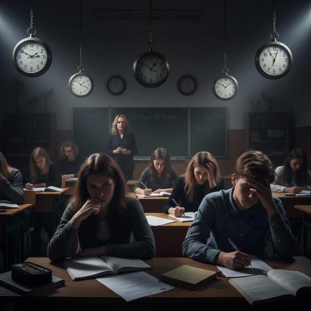 Presja czasu w polskiej szkole podczas egzaminów – uczniowie z napiętymi twarzami i zegarami na ścianach, surowe światło