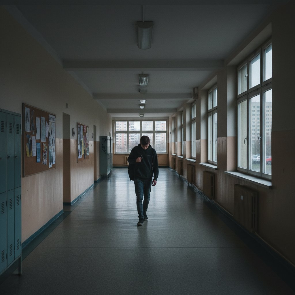 Uczeń samotnie stojący na korytarzu szkoły, atmosfera presji i izolacji, szkolny stres