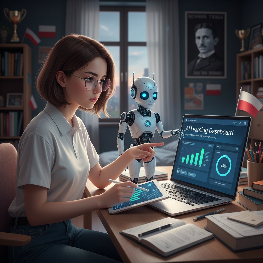 Maturzysta korzystający z AI do nauki, monitor postępów, spokój przed egzaminem