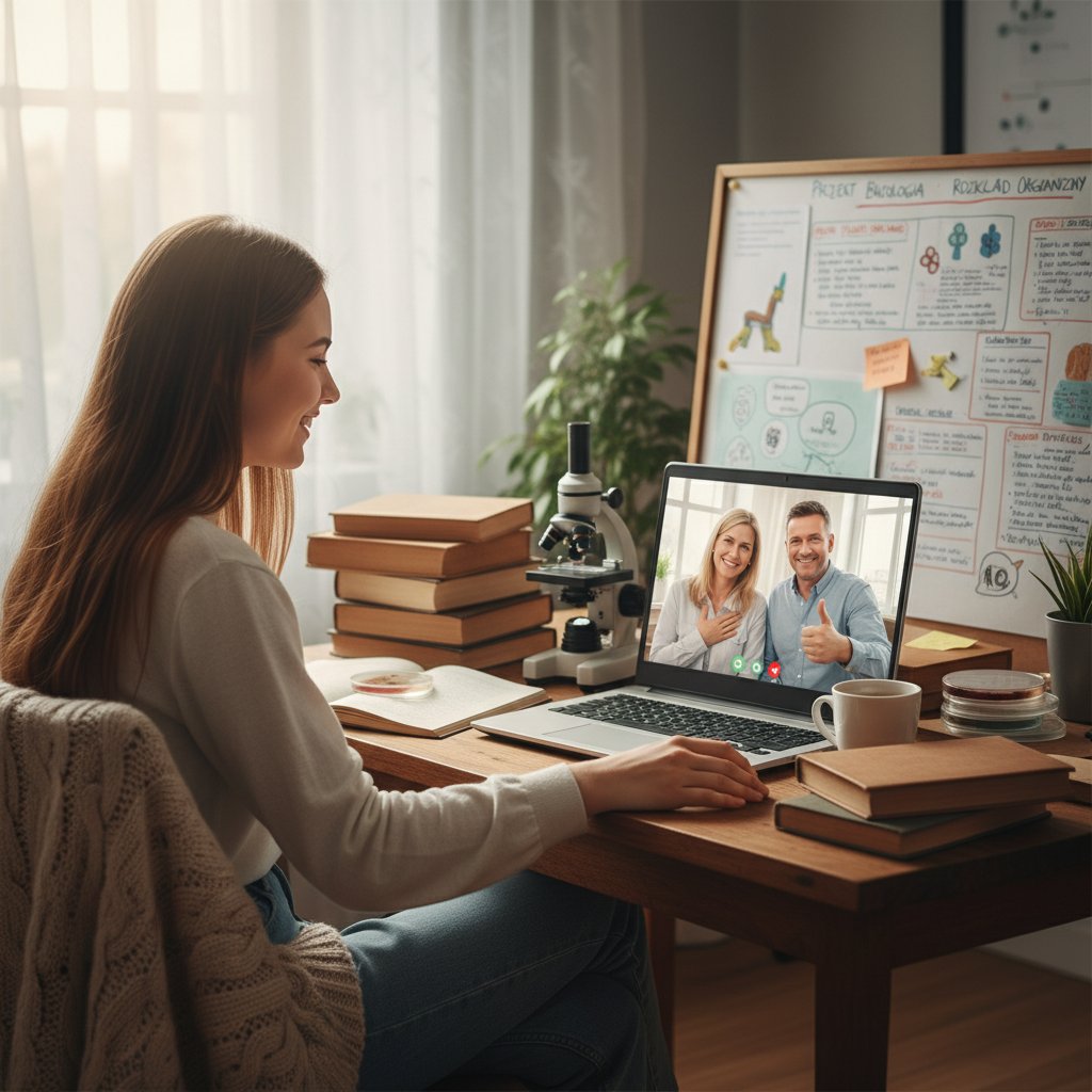 Polski uczeń prezentujący projekt biologiczny online z rodzicami