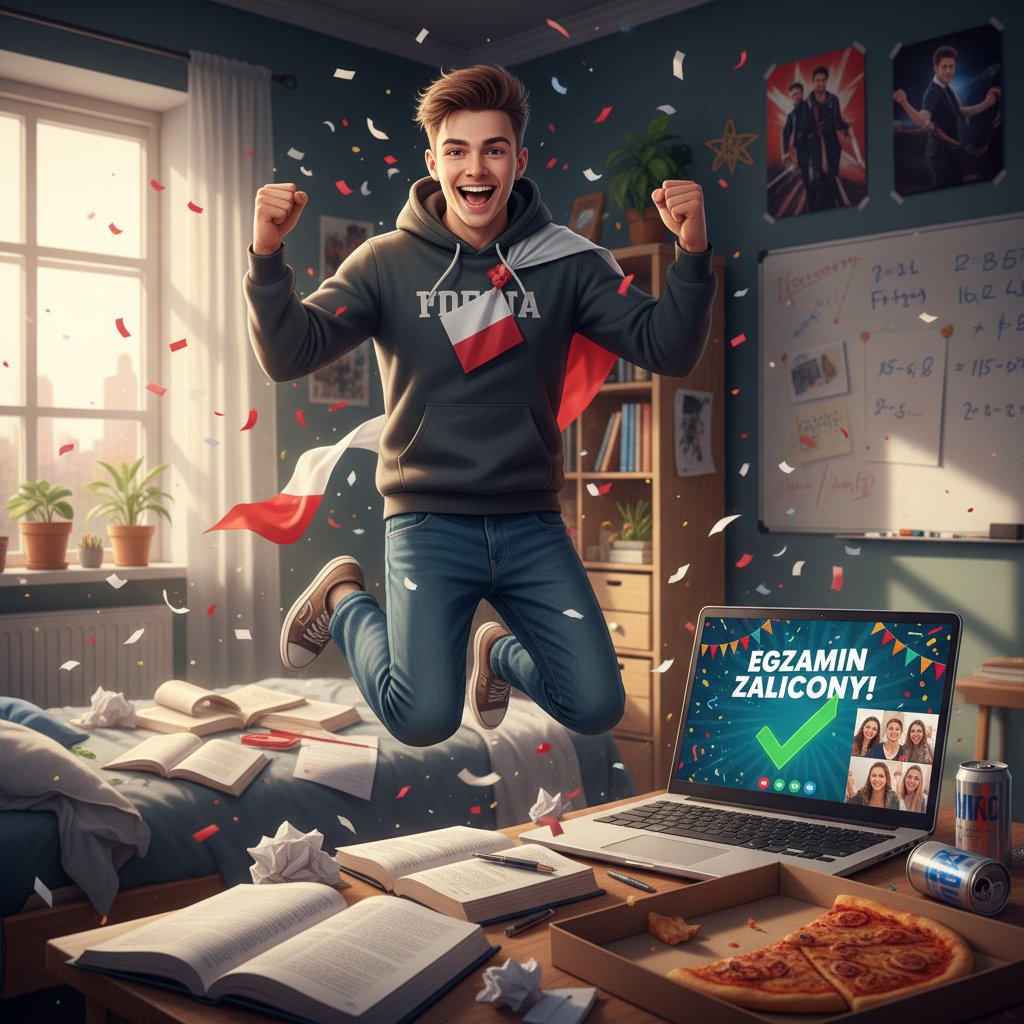 Uczeń świętujący sukces po lekcjach historii online