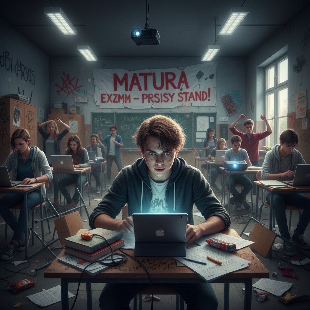 Uczeń siedzący przy biurku w chaotycznej klasie, otoczony podręcznikami i urządzeniami cyfrowymi, wyraźnie zestresowany