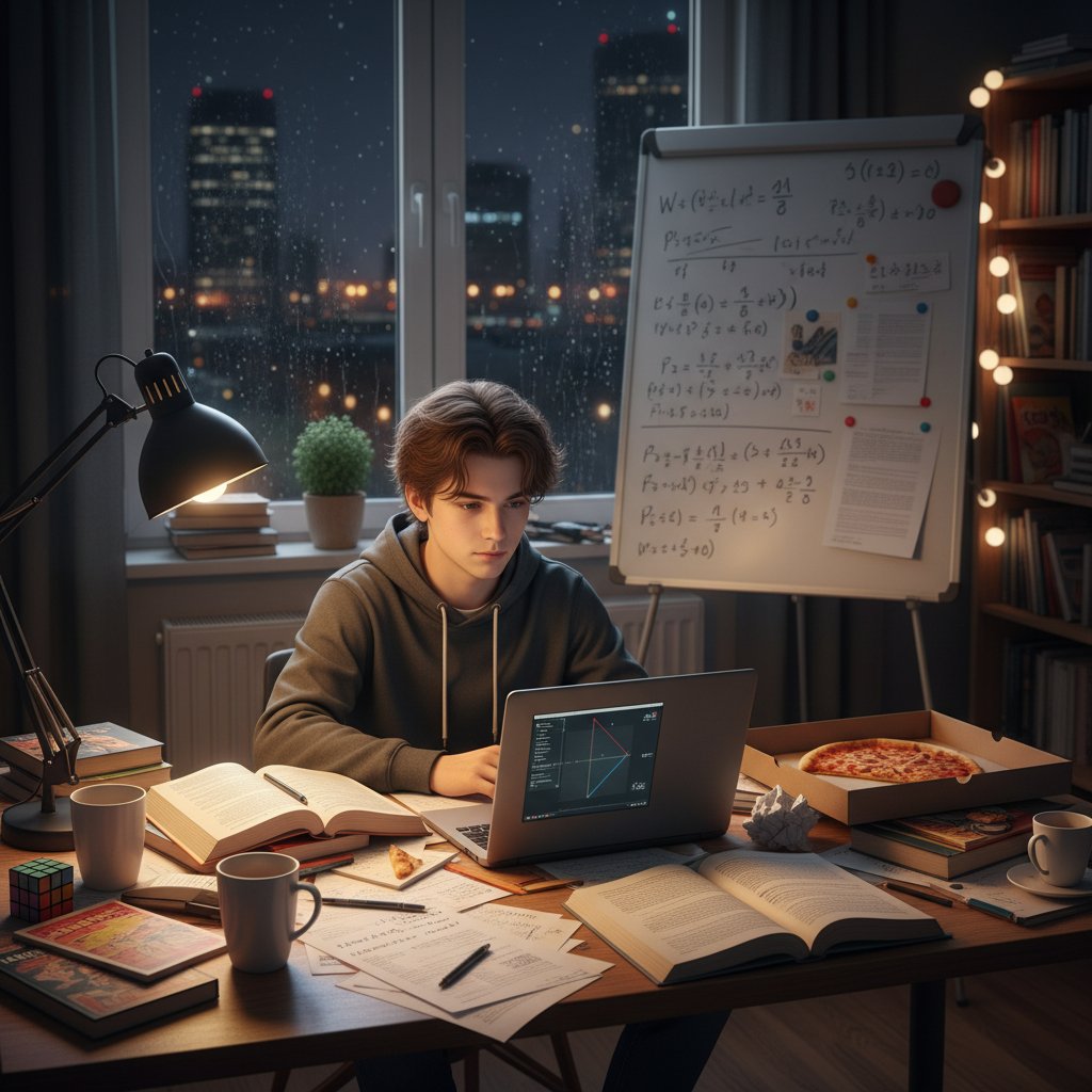 Uczeń liceum przygotowujący się do matury z fizyki przy laptopie w domowym zaciszu w nocy, ekran z wzorami fizycznymi, atmosfera skupienia