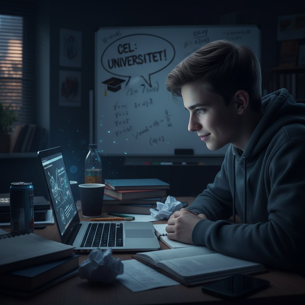 Licealista patrzy w ekran z determinacją, światło laptopa oświetla twarz, atmosfera motywacji i pewności siebie