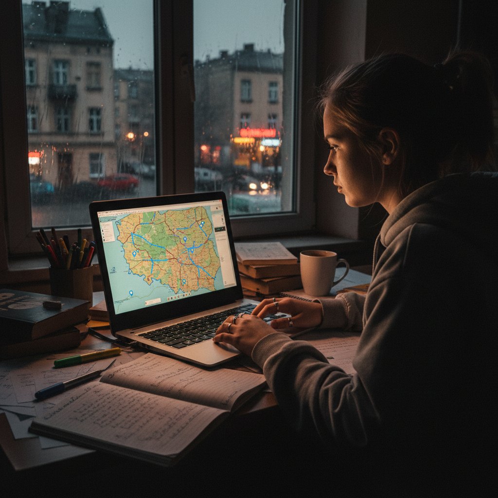 Uczeń liceum przygotowujący się do matury z geografii online, laptop, notatki, mapa na ekranie, wieczorne światło, realizm