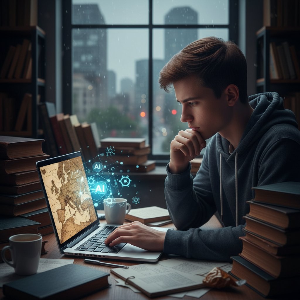 Nastolatek uczy się historii online w ciemnym pokoju, laptop świeci, wokół porozrzucane książki i mapy historyczne, atmosfera skupienia