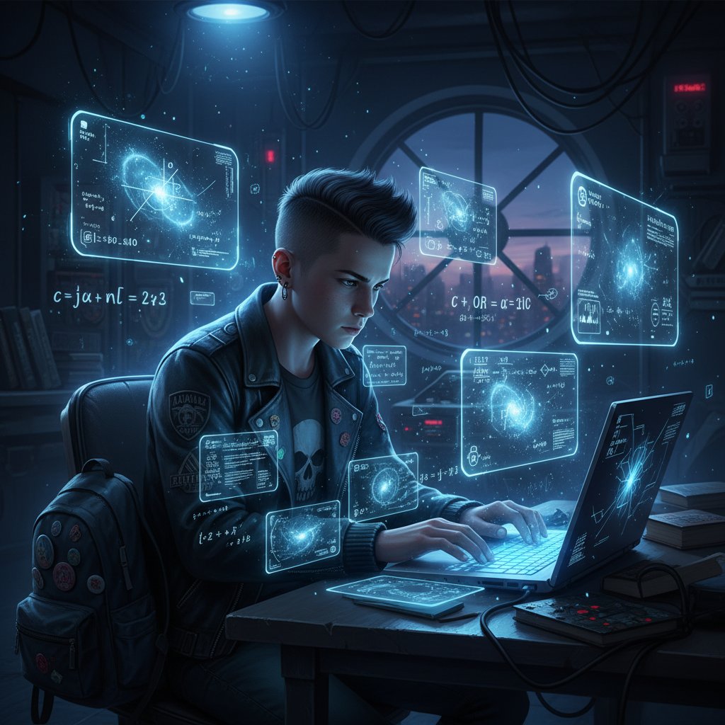 Uczeń przy laptopie rozwiązujący zadania z fizyki, ekran rozświetlony wzorami fizycznymi