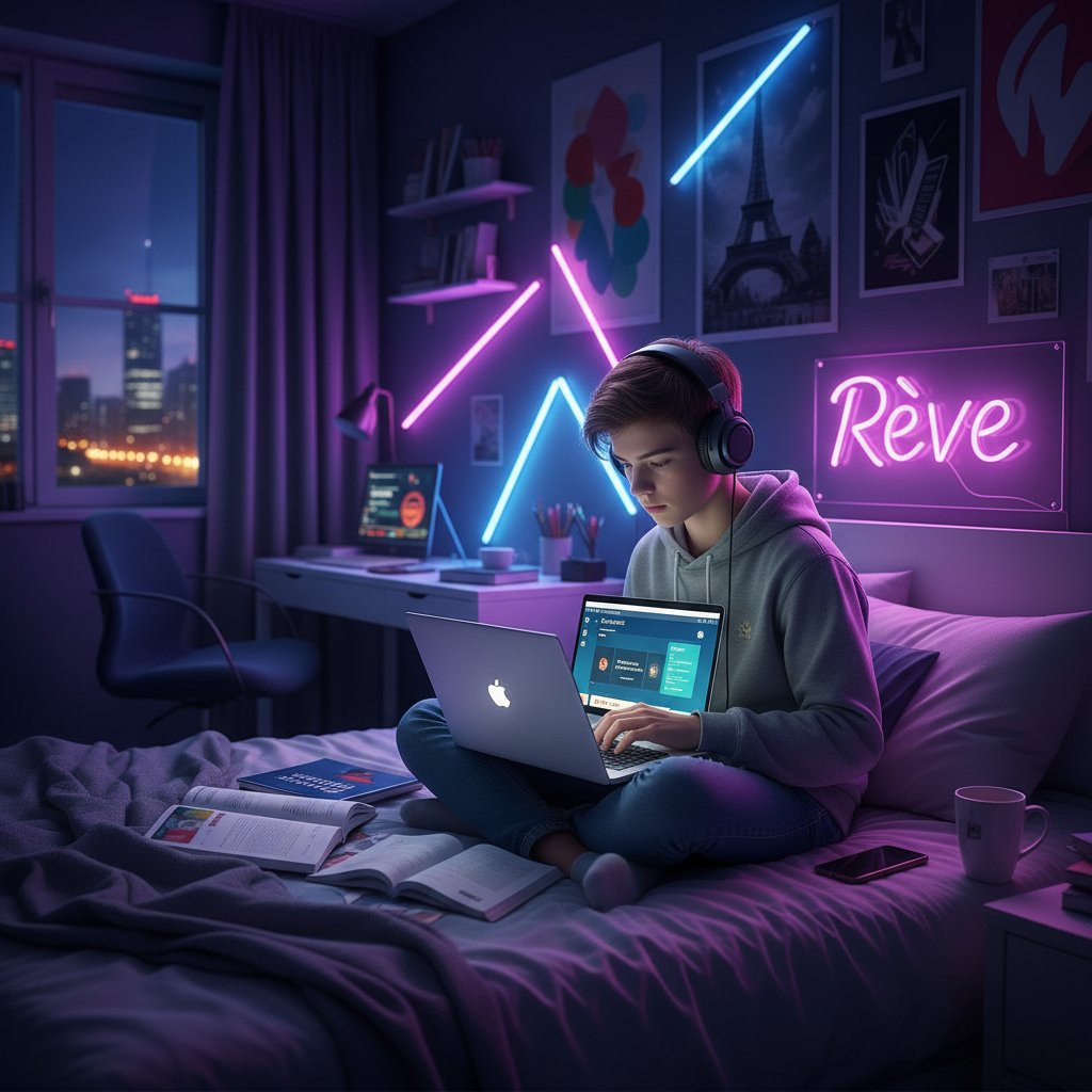 Uczeń liceum francuskiego podczas nauki online, laptop, miejskie światła za oknem, nauka francuskiego