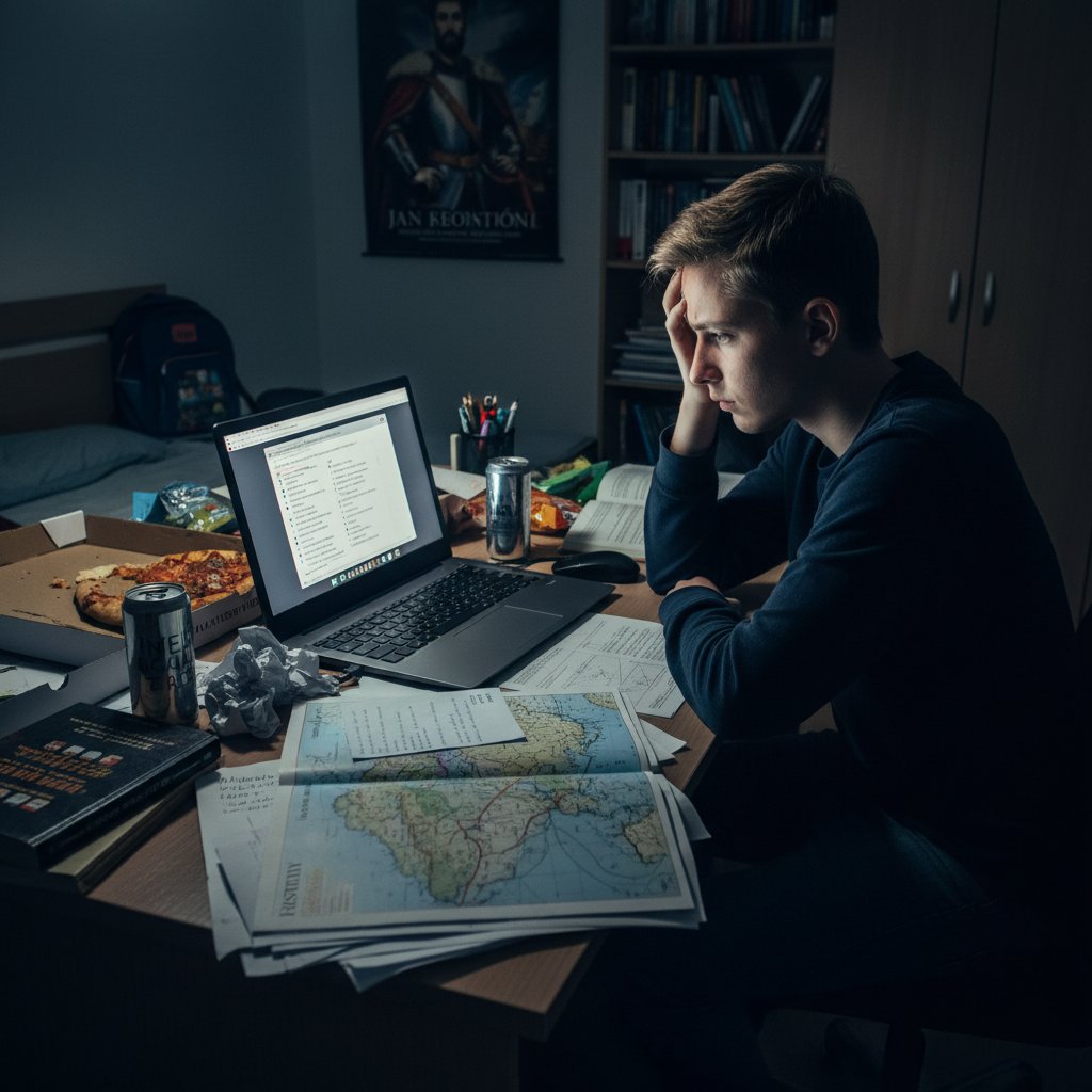 Uczeń liceum uczy się historii online w nocy, laptop rozświetla skupioną twarz, książki i stres egzaminacyjny w tle