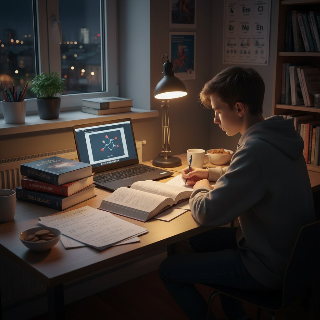 Uczeń liceum uczy się chemii rozszerzonej przez internet, z notatkami i laptopem