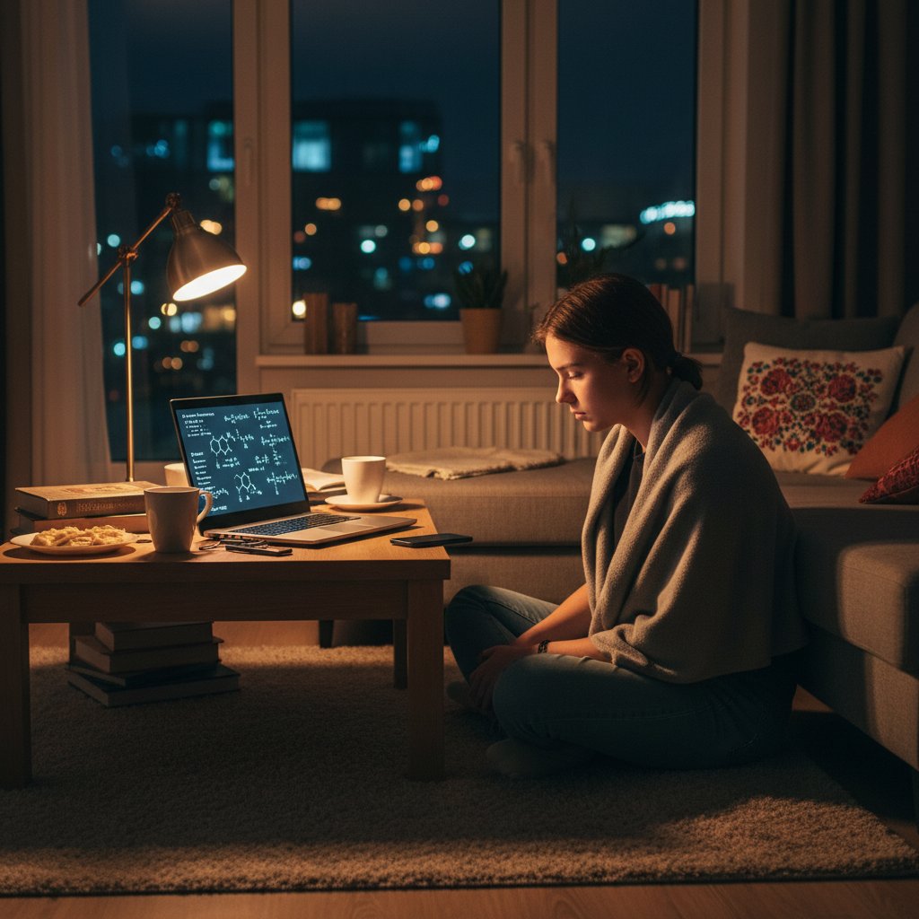 Uczeń liceum rozwiązujący zadanie chemiczne online, ekran laptopa z wzorami chemicznymi, nocna sceneria