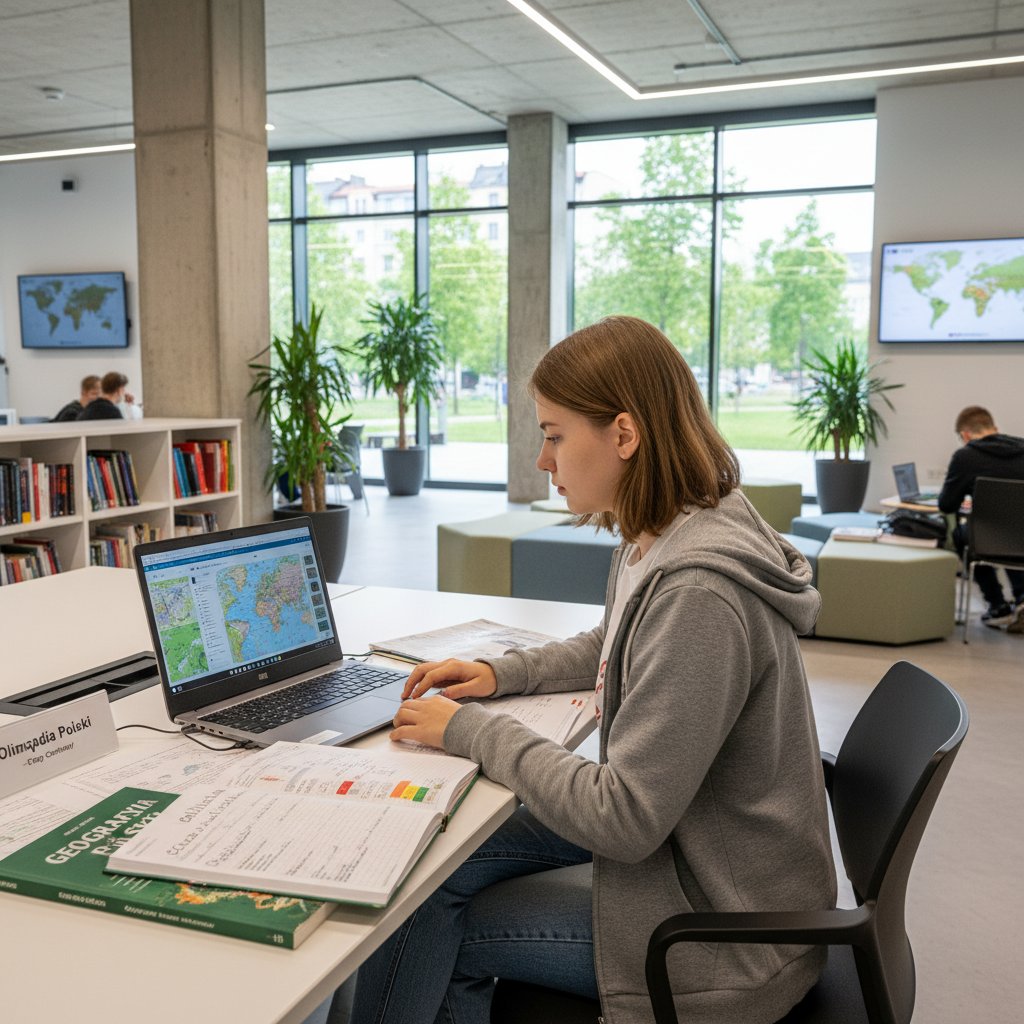 Polski licealista patrzący z dumą na laptopa, wyniki olimpiady geograficznej, nowoczesna przestrzeń edukacyjna