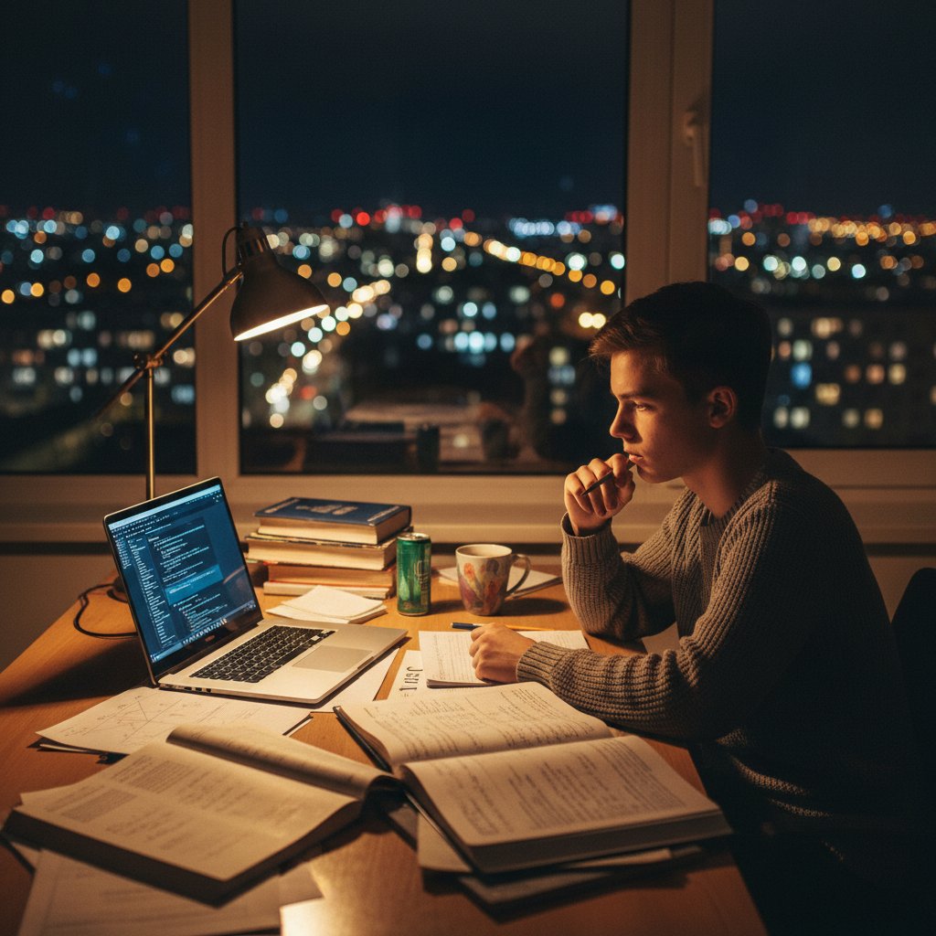 Uczeń liceum pracujący nocą przy biurku z laptopem, notatkami z matematyki i telefonem, światła miasta za oknem