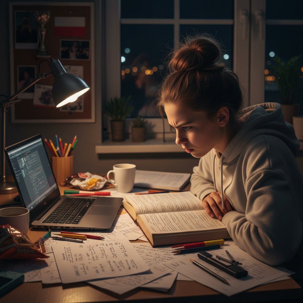 Uczeń liceum rozwiązujący zadania matematyczne w nocy przy laptopie, chaos na biurku, wysiłek i determinacja, matematyka 2 liceum online