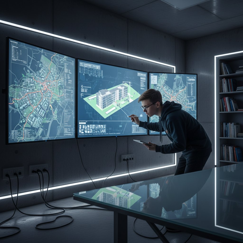 Nowoczesny uczeń korzystający z kilku urządzeń do nauki geografii online, skupiony wyraz twarzy, urbanistyczne wnętrze