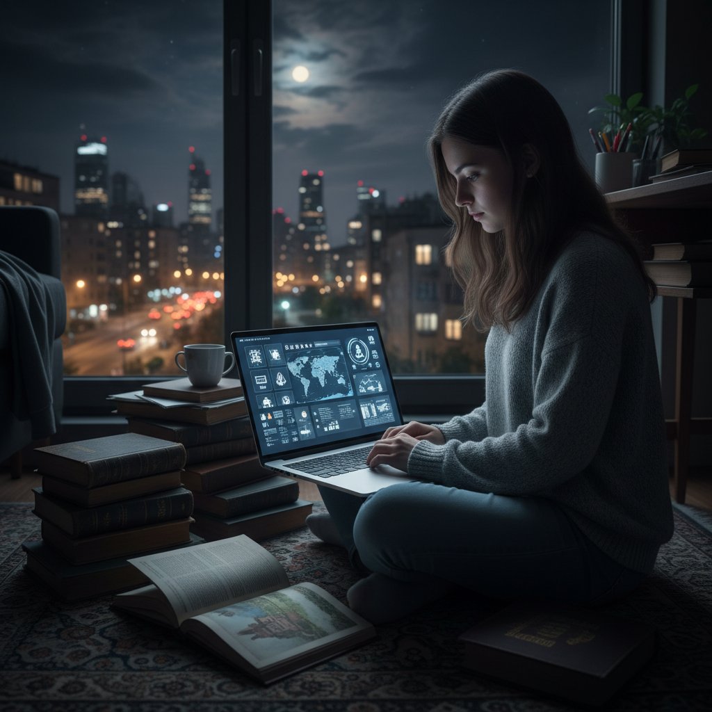 Uczeń liceum w Polsce podczas nocnej nauki historii online, otoczony książkami i laptopem