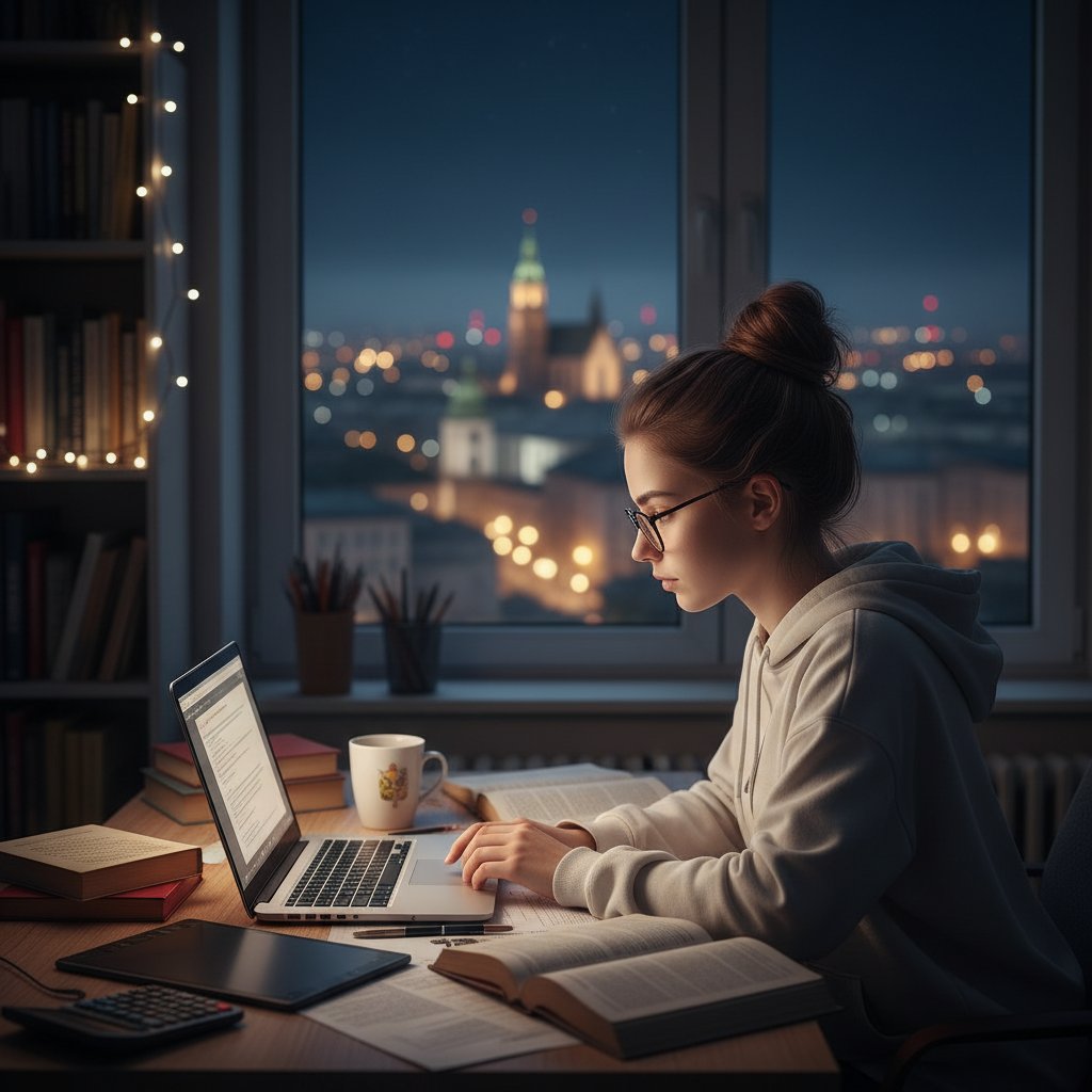 Licealista przygotowujący się do matury online w nocy, presja egzaminów, laptop