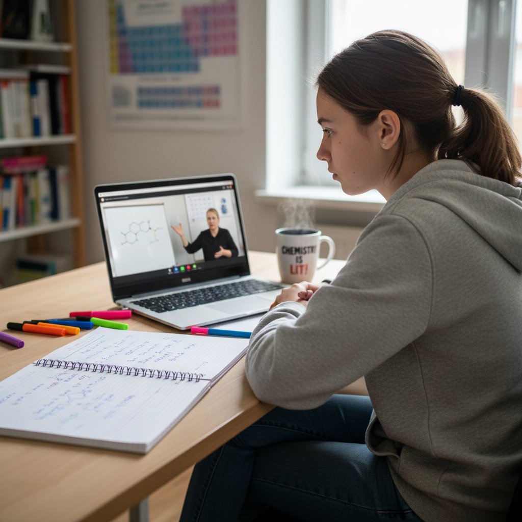 Polski maturzysta podczas wideolekcji z chemii, laptop, notatki, skupienie