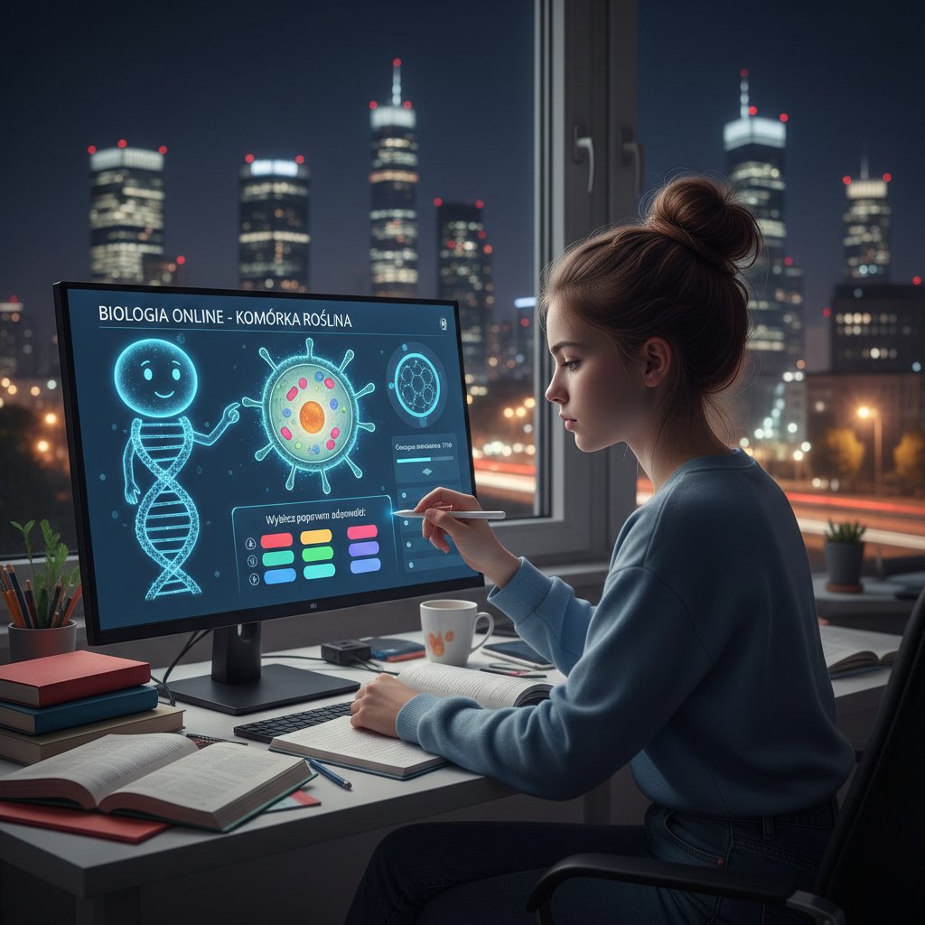 Licealista korzystający z osobistego korepetytora AI do nauki biologii rozszerzonej online, ekran z zadaniami i wynikami w tle