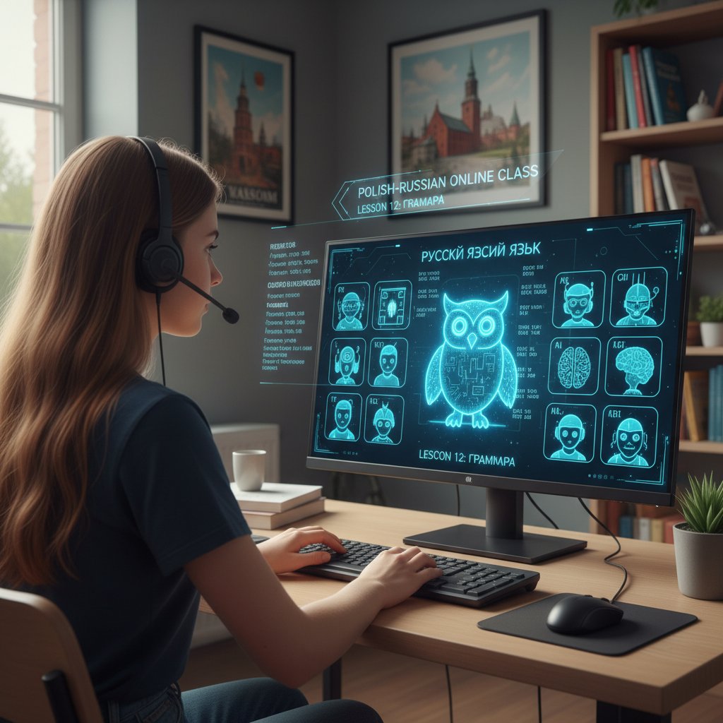 Polski licealista uczy się rosyjskiego online przy biurku, widoczne nowoczesne technologie, polskie i rosyjskie elementy kulturowe