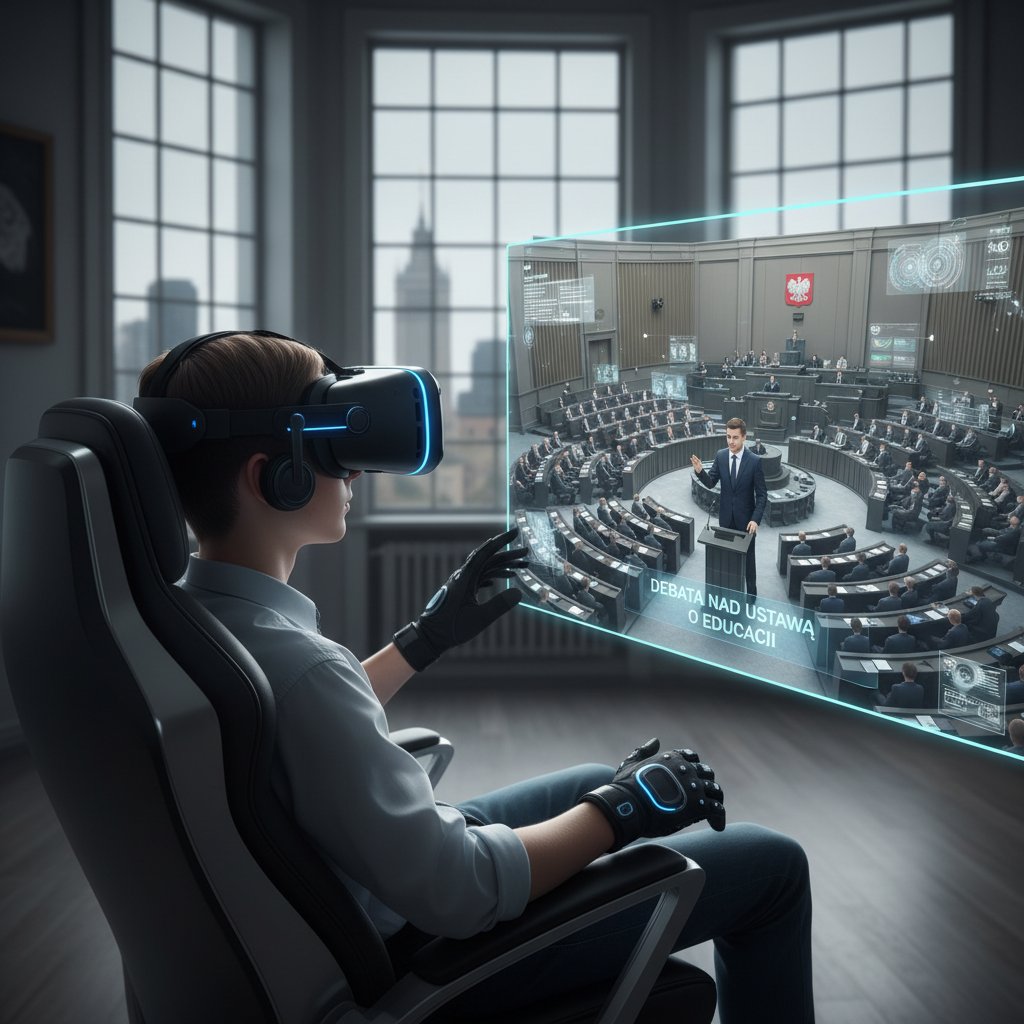 Uczeń WOS korzystający z wirtualnej rzeczywistości podczas nauki online, symulacja parlamentu na ekranie