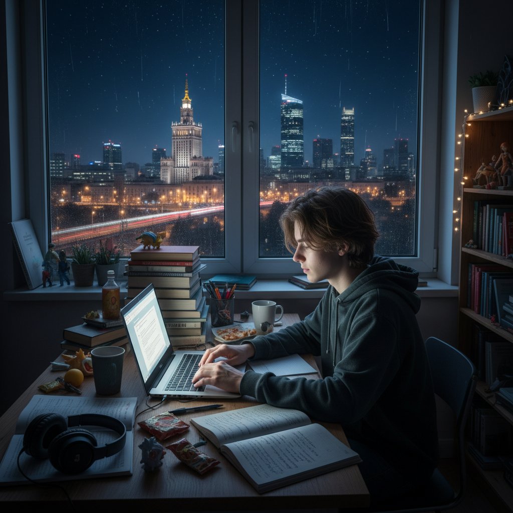 Uczeń przy komputerze, wieczorem z widokiem na Warszawę w tle, korepetycje online klimat miasta