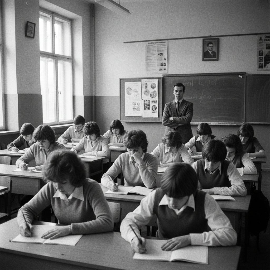 Uczniowie liceum PRL czekający na egzamin maturalny, lęk i presja w oczach