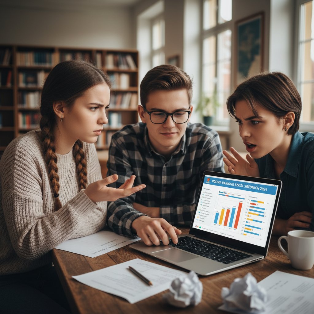 Grupa licealistów analizujących ranking na ekranie laptopa, sceptyczne miny, dyskusja