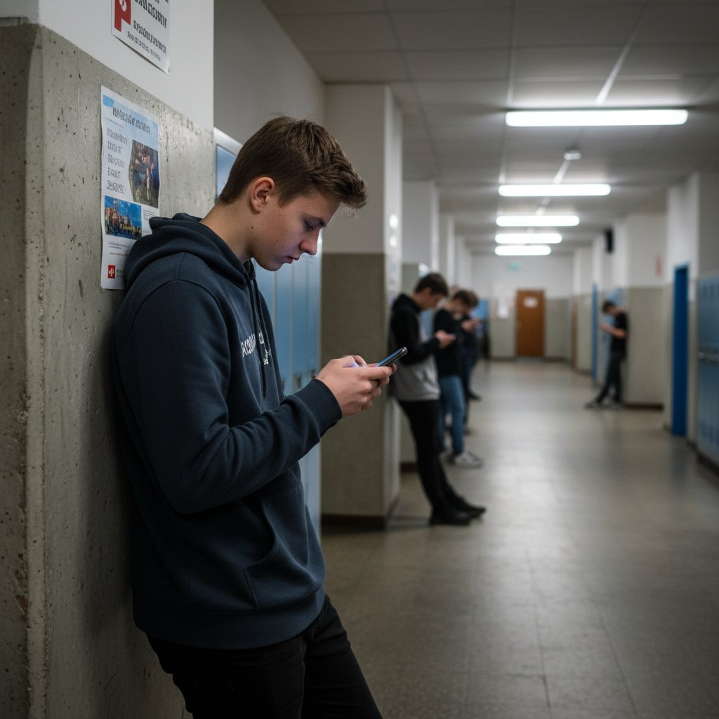 Polska szkoła średnia, korytarz, nastolatkowie w grupce, jeden wycofany, patrzy w telefon