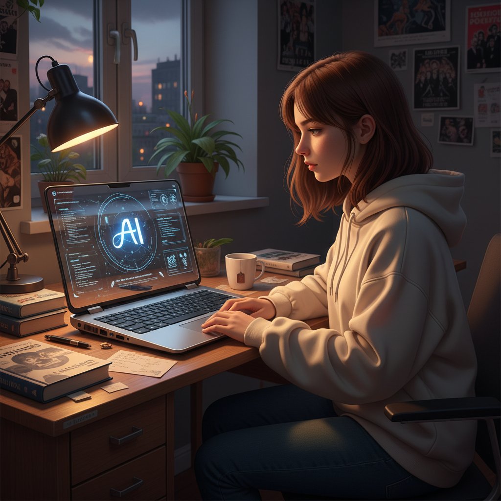 Licealistka Magda odrabiająca lekcje wieczorem, korzystająca z laptopa i AI