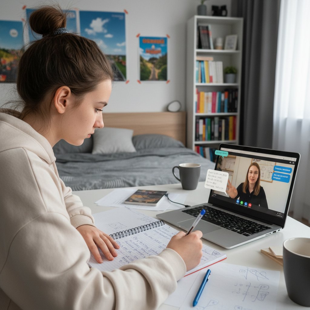 Uczennica liceum podczas lekcji online, zdeterminowana, przy komputerze z notatkami