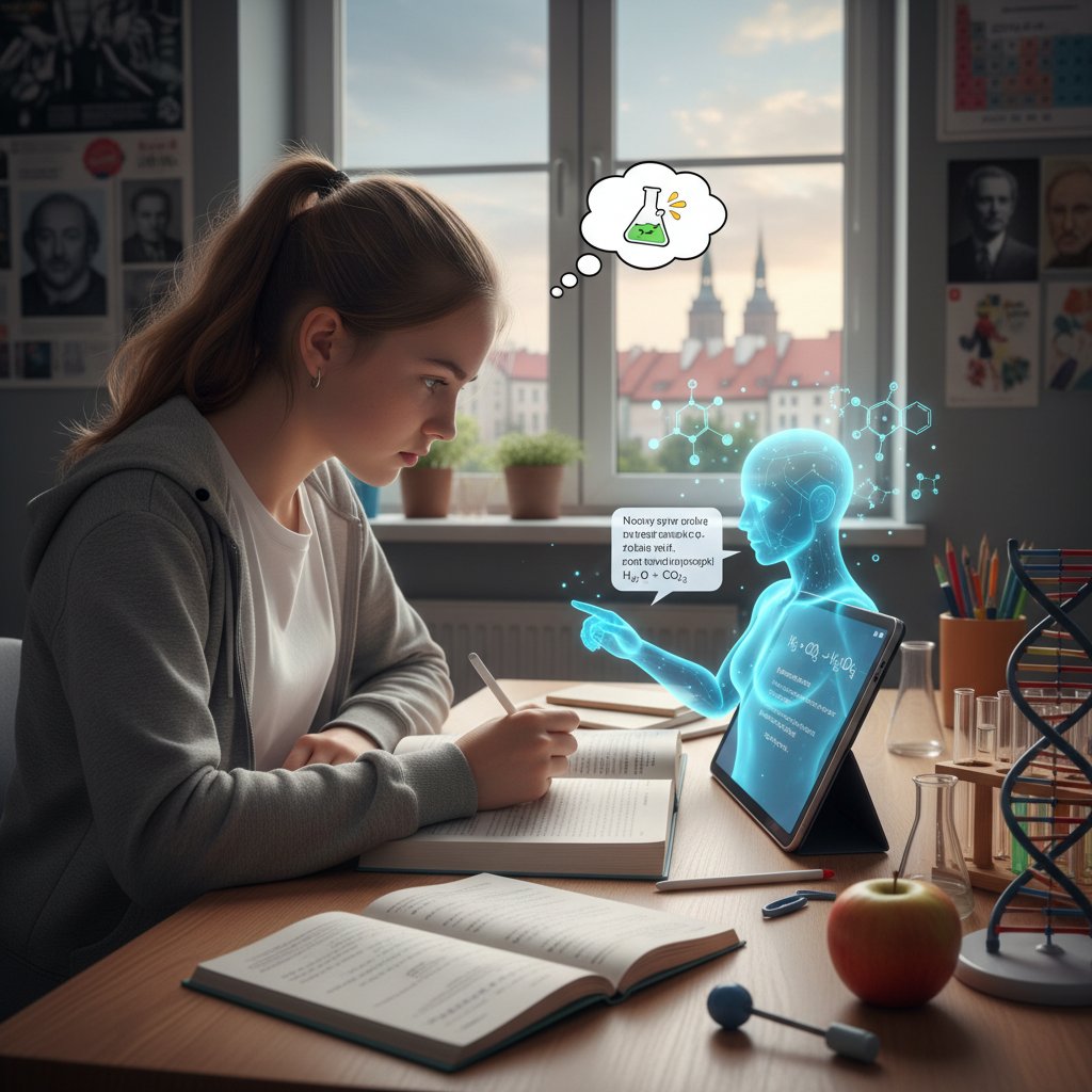 Polski licealista korzysta z laptopa i AI do nauki chemii w domowym zaciszu