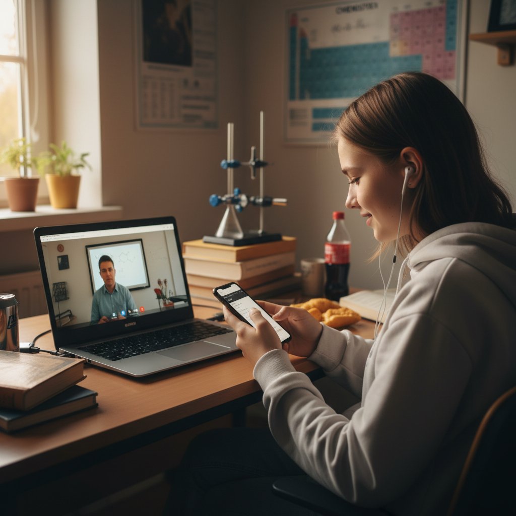 Polski licealista odwraca wzrok od ekranu pełnego wzorów chemicznych, rozproszony przez telefon