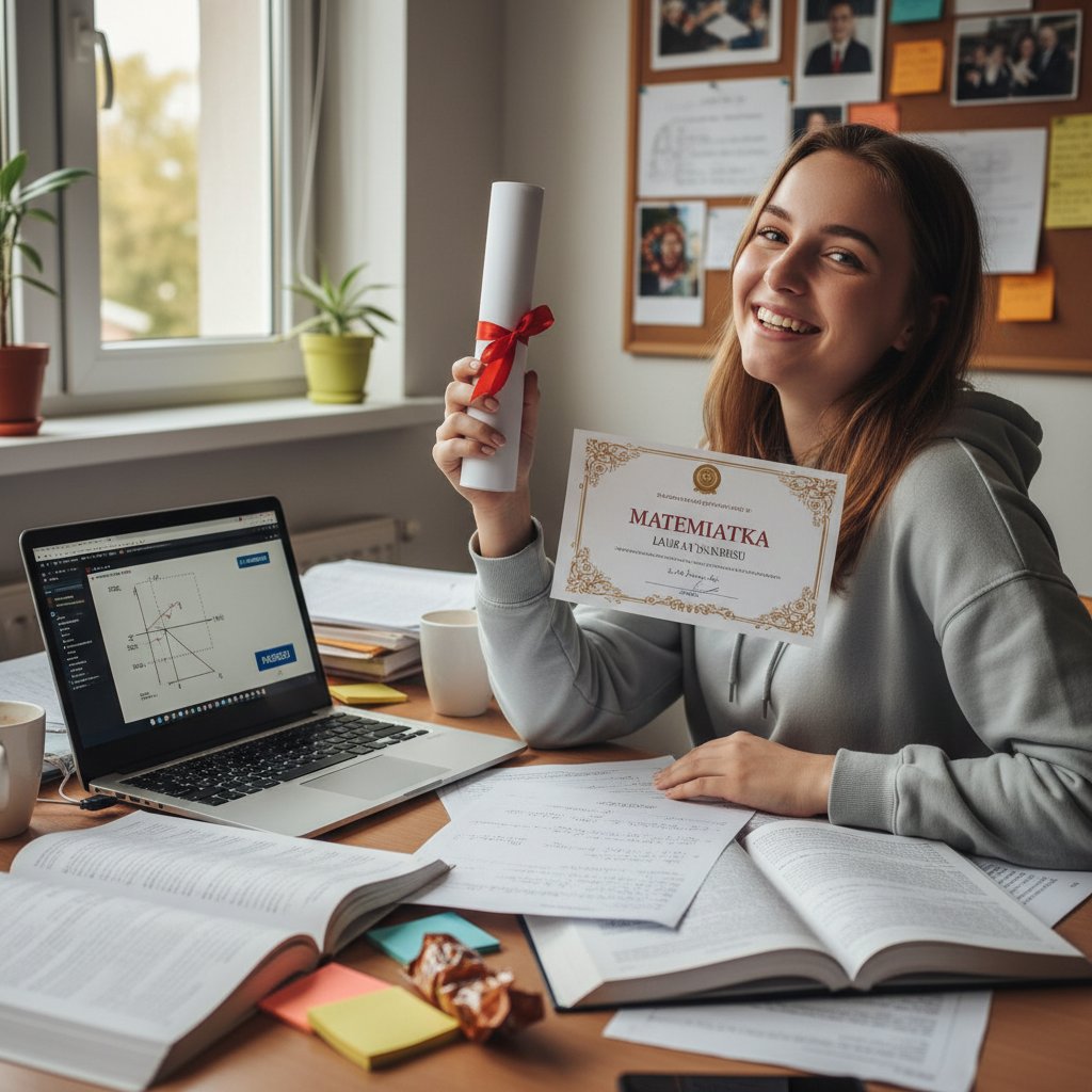 Młody chłopak unosi wysoko świadectwo z piątką z matematyki, laptop i notatki na biurku, w tle radość i ulga