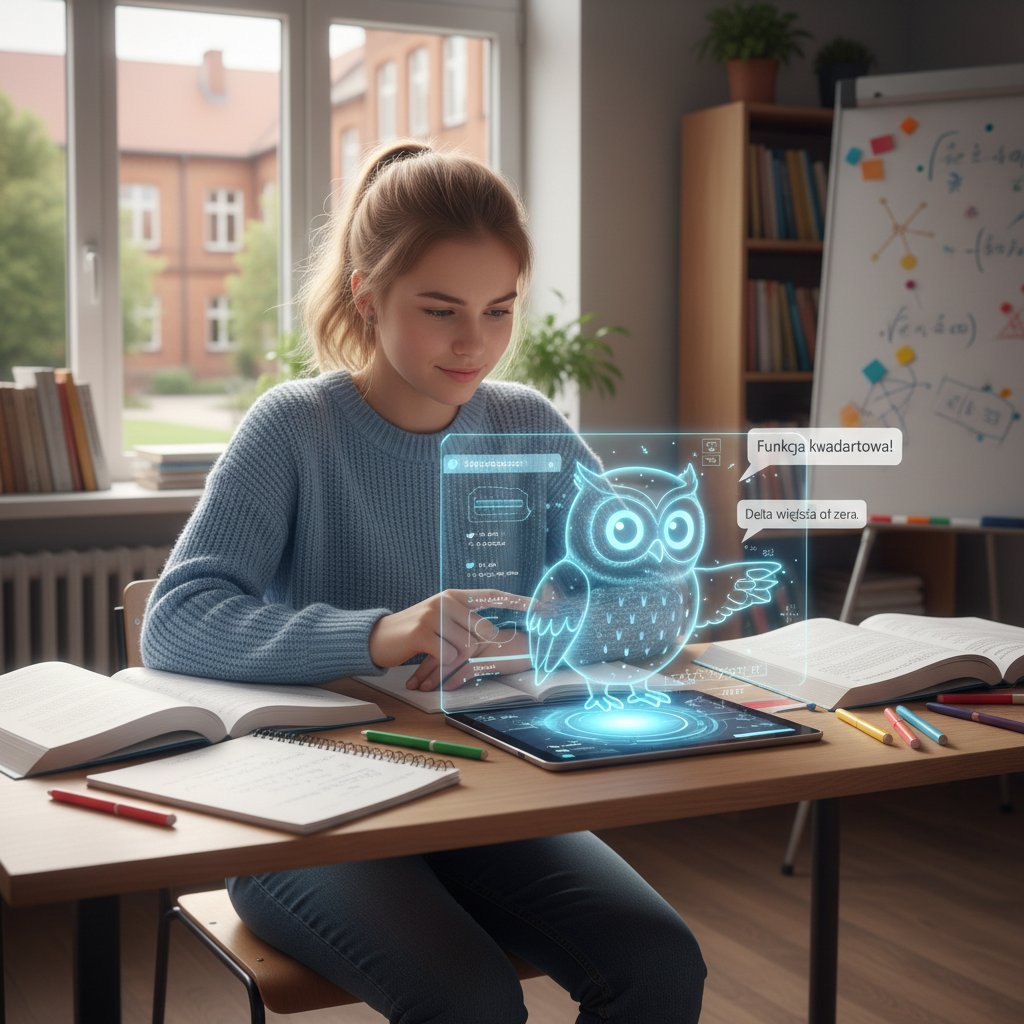 Licealista z Polski pracujący nad matematyką z pomocą AI, skupiony i zaangażowany