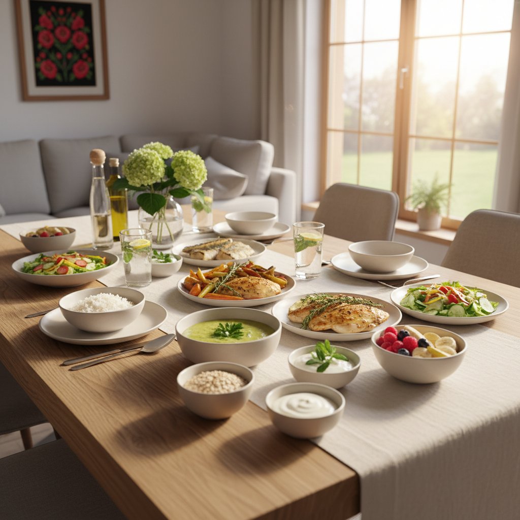 Domowa polska kuchnia, obiadowy stół z lekkostrawnymi daniami i produktami zalecanymi przy refluksie