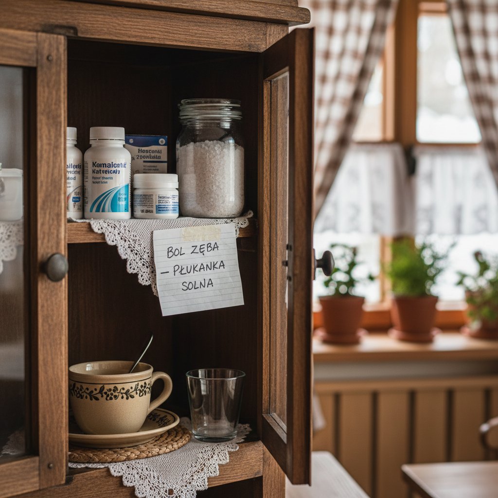 Polskie domowe apteczka z lekami OTC i solą – szybka pomoc na ból zęba