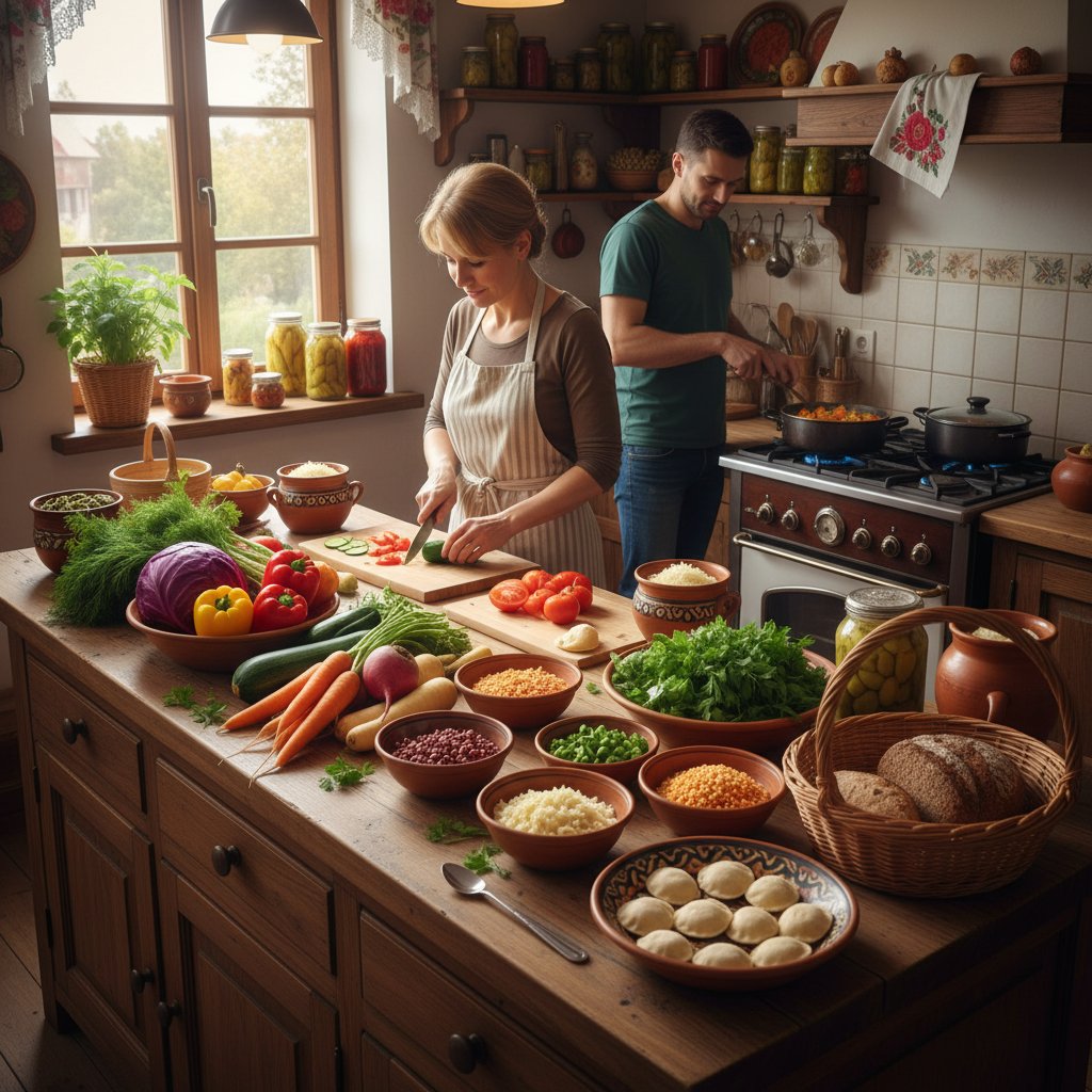 Polska kuchnia domowa z rozłożonymi składnikami do przygotowania posiłków na tydzień, dieta wegetariańska